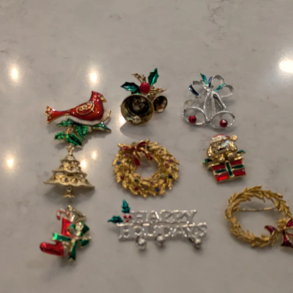 Elegant Holiday Brooch Collection - Gold, Red, Green, Silver Set Of 9